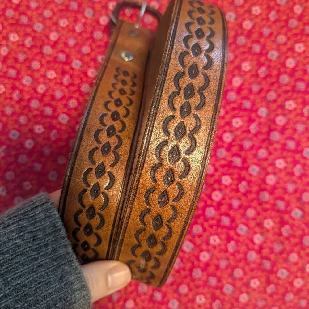 Western Tooled Leather‎ Belt Weave Boho Embossed Southwest Coastal Cowgirl VTG